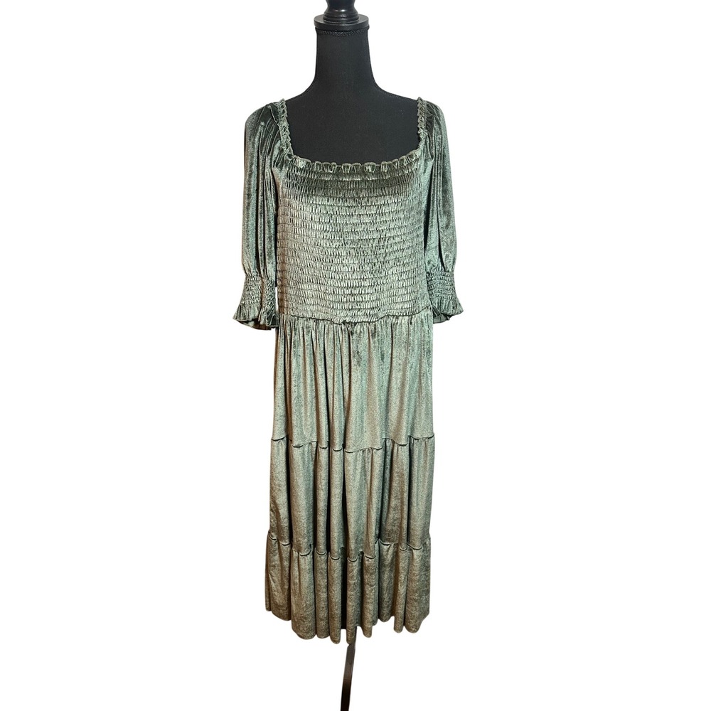 Baltic Born Olive Green Velvet Smocked Tiered Midi Dress 2XL Square Neck Puff